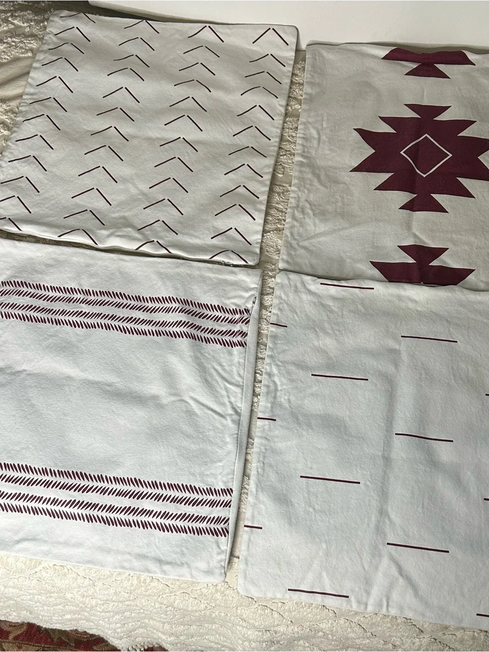 Dezene Decorative Accent Pillow Covers - White and Burgundy Geometric Set